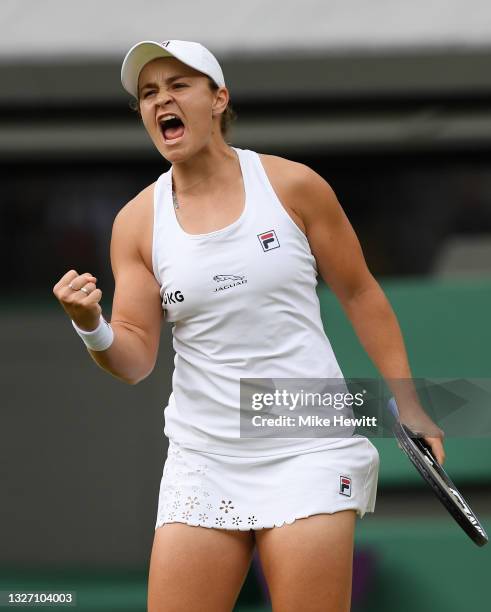 Ashleigh Barty of Australia celebrates in her Ladies' Singles Fourth Round match against Barbora Krejcikova of The Czech Republic during Day Seven of...