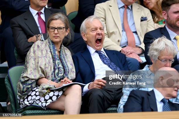 Sarah Butler-Sloss and John Humphrys attend Wimbledon Championships Tennis Tournament at All England Lawn Tennis and Croquet Club on July 05, 2021 in...