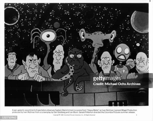 Pan-galactic assortment of spectators observes Captain Sternn's trial in a scene from the film 'Heavy Metal', 1981.