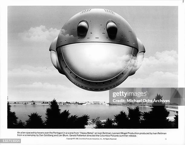 An alien spaceship hovers over the Pentagon in a scene from the film 'Heavy Metal', 1981.