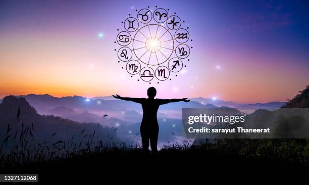 zodiac signs inside of horoscope circle. astrology in the sky with many stars and moons  astrology and horoscopes concept - astrology symbols stock-fotos und bilder