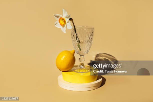 yellow podium, glasses of water with flower and lemon on beige background.summer still life scene. minimal showcase concept. modern still life. - still life stock pictures, royalty-free photos & images
