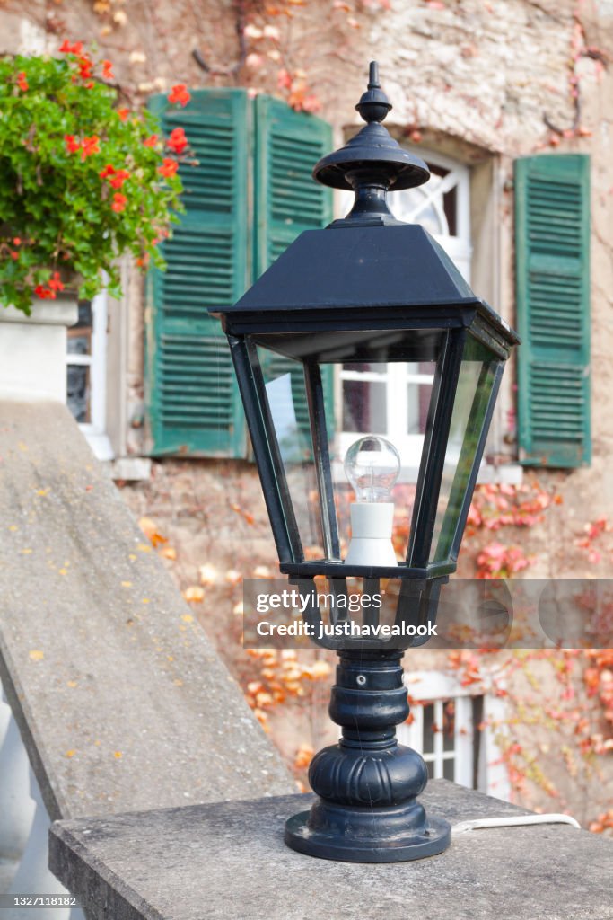 Lantern on steps of Castle Schloss Linnep in Ratingen