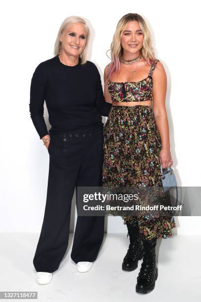 Stylist Maria Grazia Chiuri and Florence Pugh pose after the Christian Dior Haute Couture Fall/Winter 2021/2022 show as part of Paris Fashion Week on...