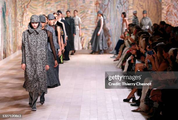 Models walk the runway during the Christian Dior Haute Couture Fall/Winter 2021/2022 show as part of Paris Fashion Week on July 05, 2021 in Paris,...