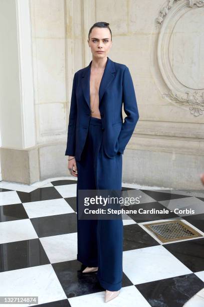 Cara Delevingne attends the Christian Dior Haute Couture Fall/Winter 2021/2022 show as part of Paris Fashion Week on July 05, 2021 in Paris, France.