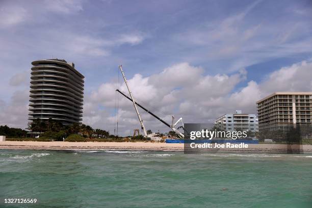 The skyline is absent of the partially collapsed 12-story Champlain Towers South condo a day after a controlled demolition on July 5, 2021 in...