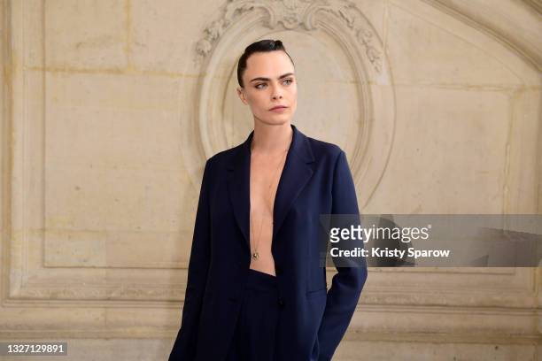 Cara Delevingne attends the Christian Dior Haute Couture Fall/Winter 2021/2022 show as part of Paris Fashion Week on July 05, 2021 in Paris, France.