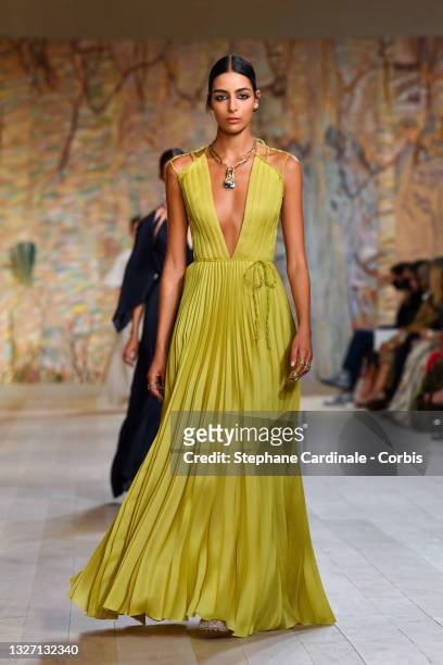 Model walks the runway during the Christian Dior Haute Couture Fall/Winter 2021/2022 show as part of Paris Fashion Week on July 05, 2021 in Paris,...