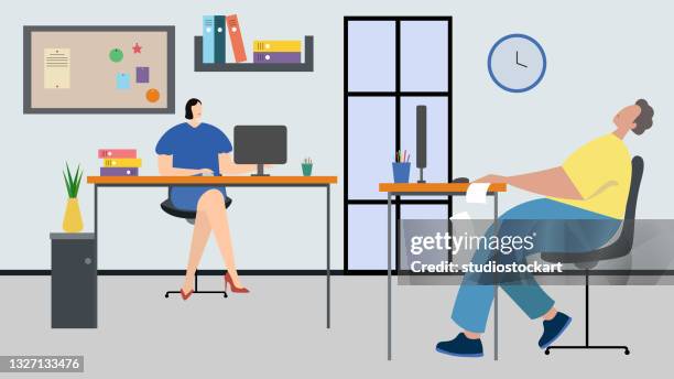 office workers - working on two computers stock illustrations