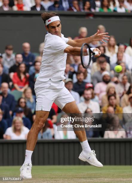 Roger Federer of Switzerland plays a forehand in his Men's Singles Fourth Round match against Lorenzo Sonego of Italy during Day Seven of The...