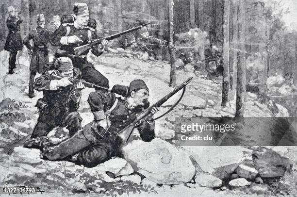 frontier battle between turkish troops and greek volunteers in thessaly - greece war stock illustrations