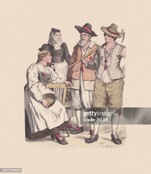 18th century, swiss costumes, canton zurich, hand-colored woodcut, published c.1880 - plus fours stock illustrations