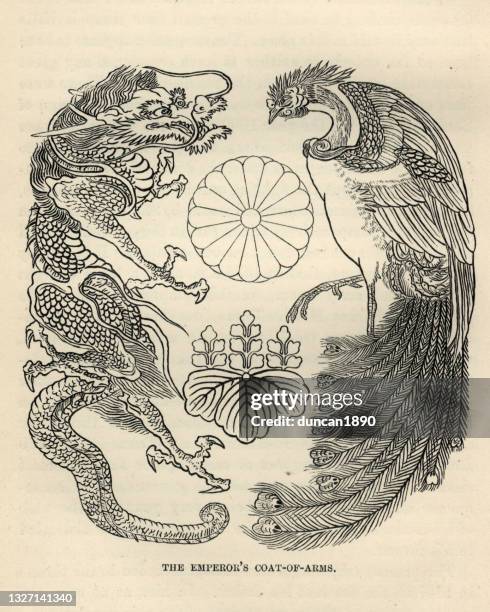 japanese emperor's coat of arms, dragon, peacock, chrysanthemum - peacock illustration stock illustrations