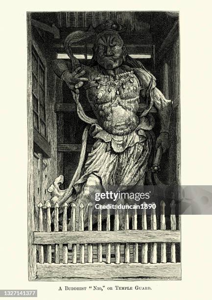 nio statue, buddist temple guardian, japan, 19th century - fine art statue stock illustrations