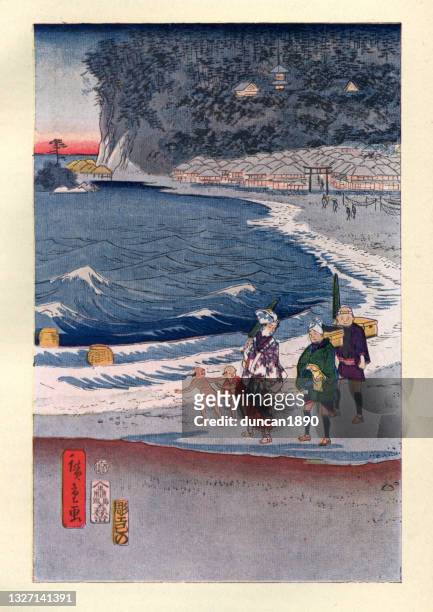 people walking on beach, sea, waves, children, village, japanese ukiyo-e art - asia beach stock illustrations