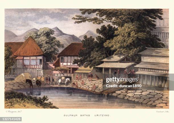 sulphur baths, uritzino, japan, 19th century - hot spring stock illustrations