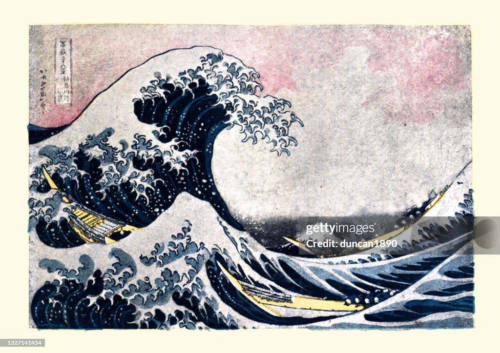 La gran ola de Kanagawa, según Hokusai, arte ukiyo-e japonés