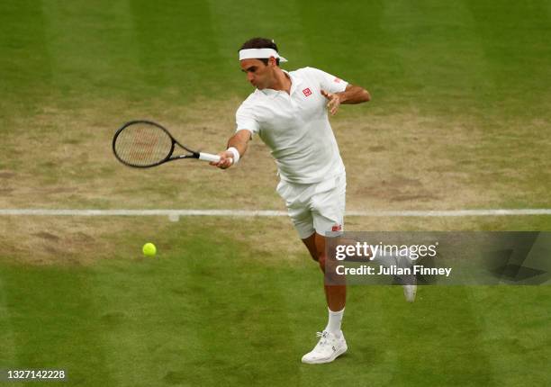 Roger Federer of Switzerland plays a forehand in his Men's Singles Fourth Round match against Lorenzo Sonego of Italy during Day Seven of The...