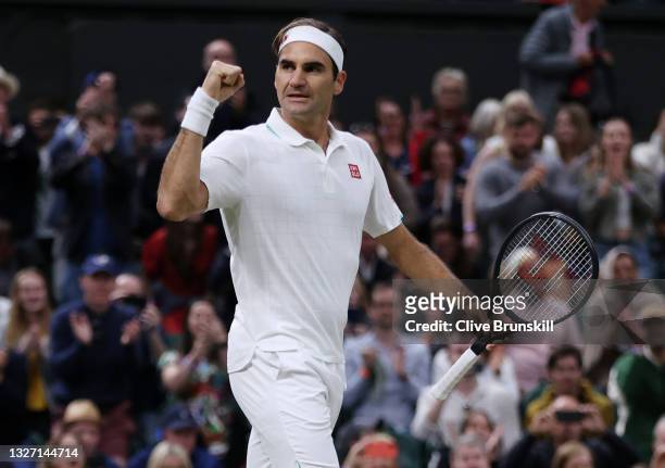 Roger Federer of Switzerland celebrates match point in his Men's Singles Fourth Round match against Lorenzo Sonego of Italy during Day Seven of The...