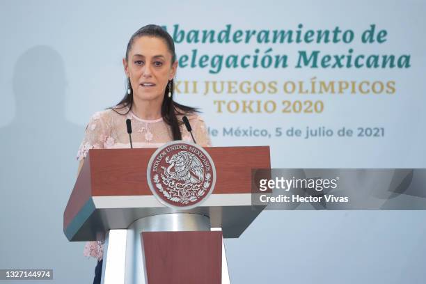 Head of Government of Mexico City Claudia Sheinbaum speaks during the Mexico Olympic team farewell at CNAR on July 05, 2021 in Mexico City, Mexico.