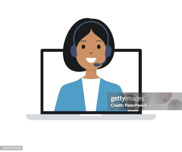 technical support template concept flat design icon. hotline. online chat, woman with headphones on laptop screen. vector illustration - reception screen stock illustrations