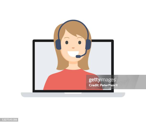 technical support template concept flat design icon. hotline. online chat, woman with headphones on laptop screen. vector illustration - reception screen stock illustrations