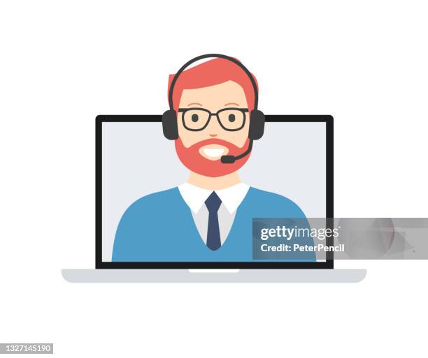 technical support template concept flat design icon. hotline. online chat, man with headphones on laptop screen. vector illustration - reception screen stock illustrations