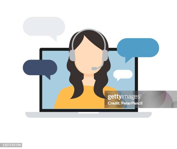 technical support template concept flat design icon. hotline. online chat, woman with headphones on laptop screen. vector illustration - reception screen stock illustrations