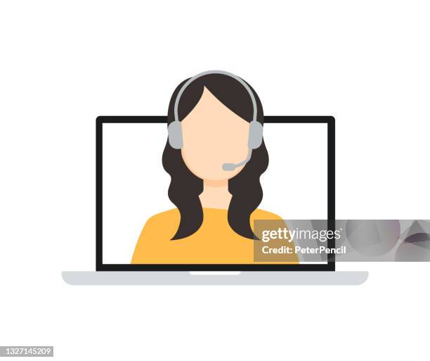 technical support template concept flat design icon. hotline. online chat, woman with headphones on laptop screen. vector illustration - reception screen stock illustrations