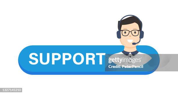 technical support button. template concept flat design icon. hotline. online chat, man with headphones and text. vector illustration - reception screen stock illustrations