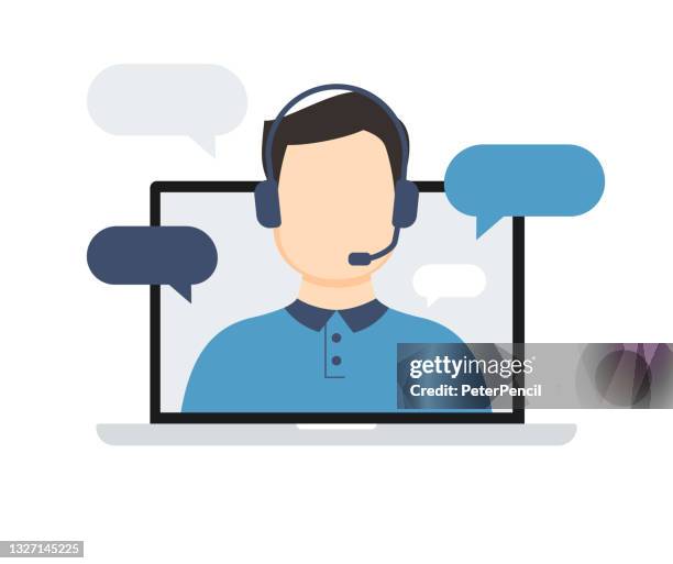 technical support template concept flat design icon. hotline. online chat, man with headphones on laptop screen. vector illustration - reception screen stock illustrations