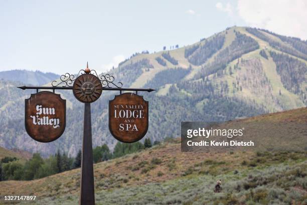 Sign is seen at the entrance to the Sun Valley Resort ahead of the Allen & Company Sun Valley Conference, July 5, 2021 in Sun Valley, Idaho. After a...