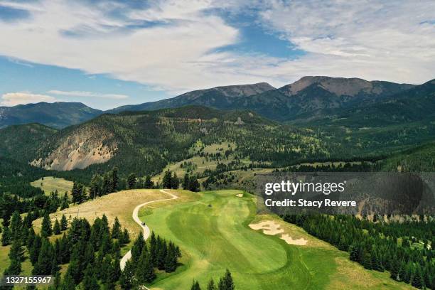 An aerial view of the course from a drone during Capital One's The Match: Champions For Change - Previews at The Reserve at Moonlight Basin on July...