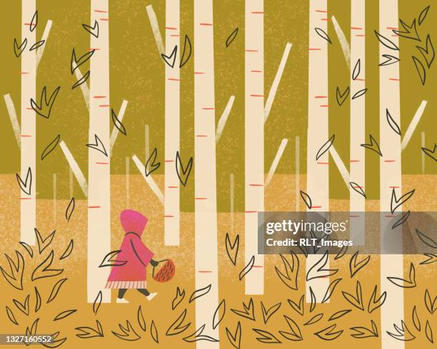 stockillustraties, clipart, cartoons en iconen met illustration of little girl walking alone in forest - verdwaald