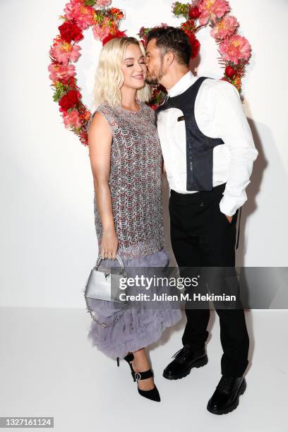 Katy Perry and Orlando Bloom attend the Louis Vuitton Parfum Dinner at Fondation Louis Vuitton on July 05, 2021 in Paris, France.