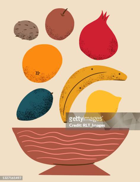 stockillustraties, clipart, cartoons en iconen met illustration of playful textured fruit and bowl - fruitschaal