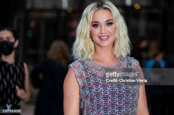 Katy Perry is seen wearing dress outside Louis Vuitton Parfum Hosts Dinner at Fondation Louis Vuitton on July 05, 2021 in Paris, France.