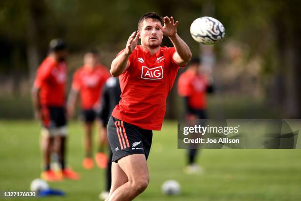 George Bridge of the All Blacks receives a pass during a New Zealand All Blacks training session at Logan Park on July 06, 2021 in Dunedin, New...