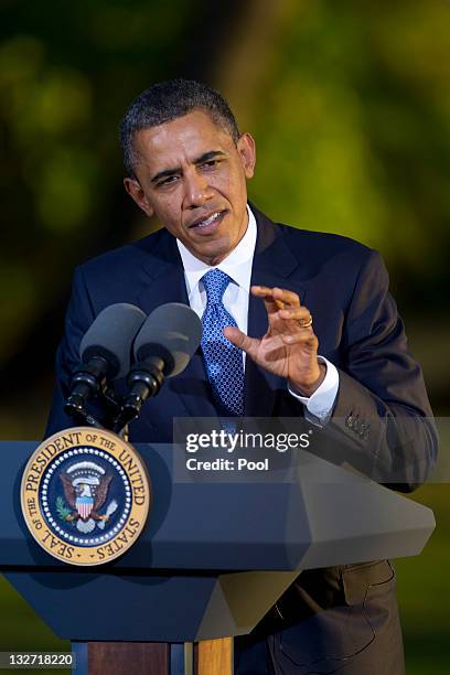 President Barack Obama delivers remarks at a press conference after the closing plenary session of the Asia-Pacific Economic Cooperation summit at...