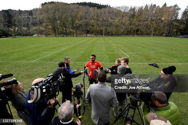 Sevu Reece of the All Blacks answers questions from the media during a New Zealand All Blacks training session at Logan Park on July 06, 2021 in...