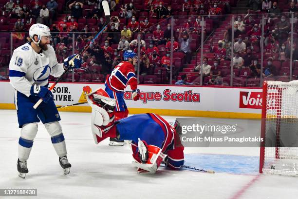Barclay Goodrow of the Tampa Bay Lightning scores a goal past Carey Price of the Montreal Canadiens during the second period in Game Four of the 2021...