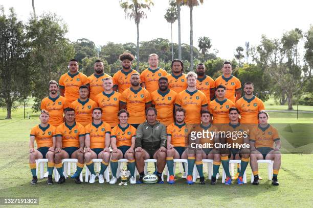 Australian Wallabies team photo during an Australian Wallabies captain's run at the Sanctuary Cove Golf and Country Club Rugby Field on July 06, 2021...