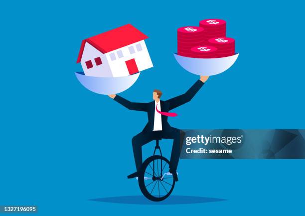 real estate finance and investment, the businessman's skillful acrobatics keep the money and the house in balance - cash wheelbarrow stock illustrations