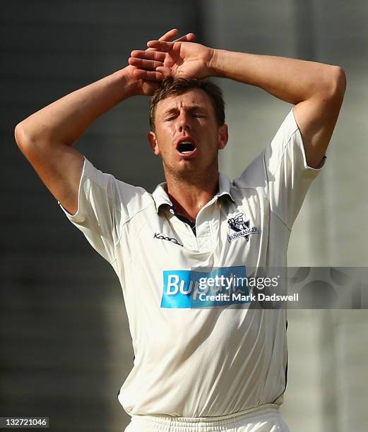 James Pattinson of the Bushrangers shows his frustration after an edge going to the boundary for four during day four of the Sheffield Shield match...