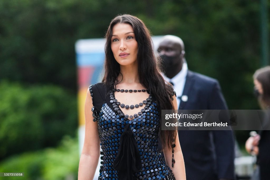 Bella Hadid wears a black pearls necklace from Louis Vuitton, a black  News Photo - Getty Images