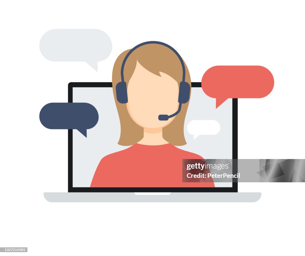 Technical Support Template Concept Flat Design Icon. Hotline. Online Chat, Woman with Headphones on Laptop Screen. Vector Illustration