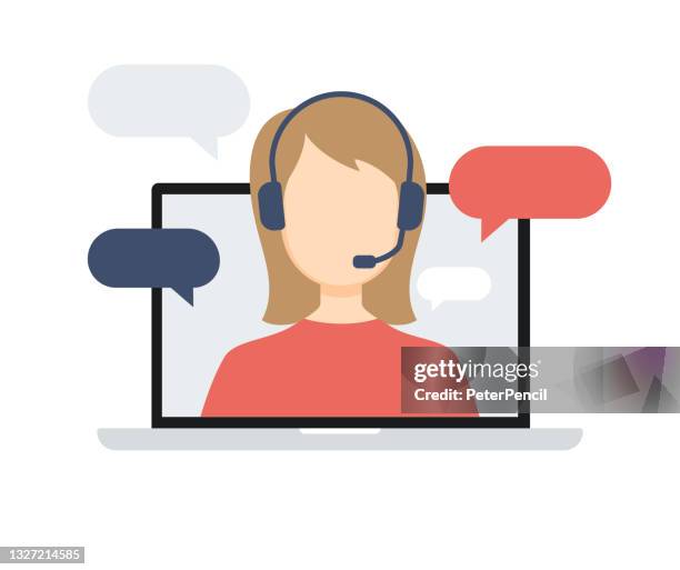 technical support template concept flat design icon. hotline. online chat, woman with headphones on laptop screen. vector illustration - headset 幅插畫檔、美工圖案、卡通及圖標