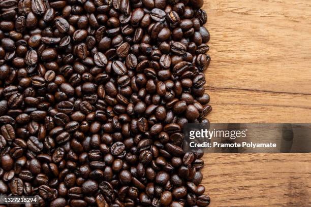robusta beans, roasted coffee beans on the wooden floor - grano cafe fotografías e imágenes de stock