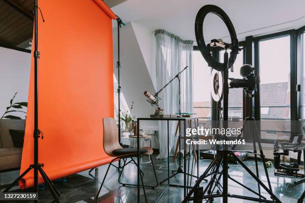 backdrop with ring light and photographic equipment at home workshop - media equipment stock pictures, royalty-free photos & images